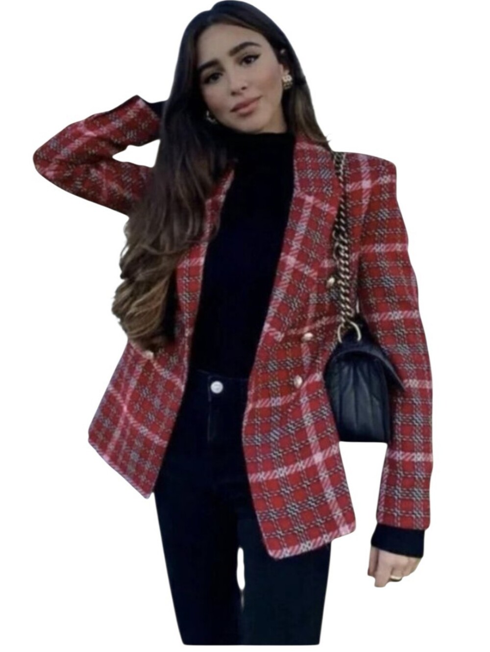 Zara  Red & Black Tweed Plaid Blazer - S.         S19